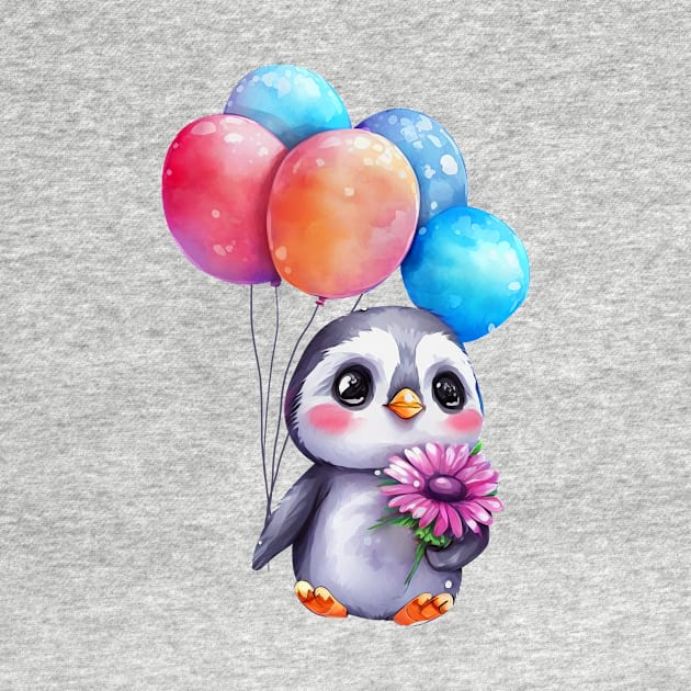 baby penguin holds balloon by abbeheimkatt